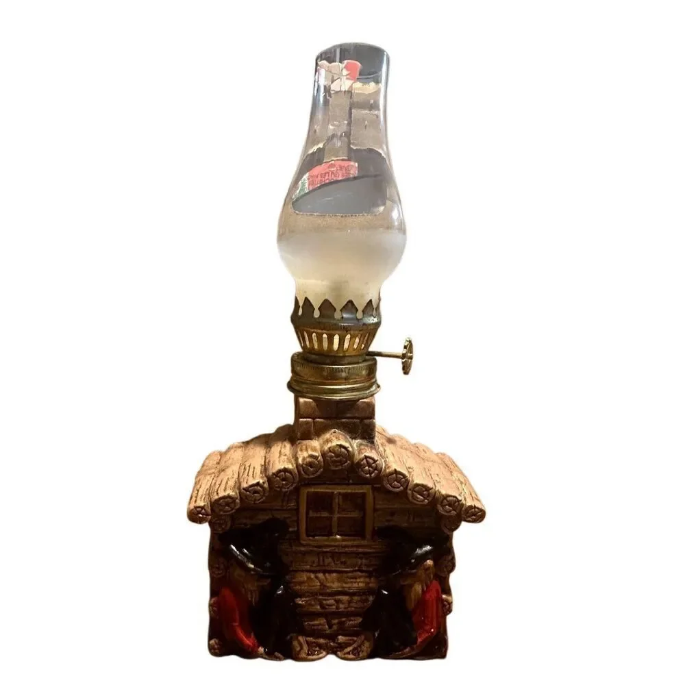 Vintage 1960s Ceramic Mini Log Cabin Mountain Men Kerosene Oil Lamp 8.5”
